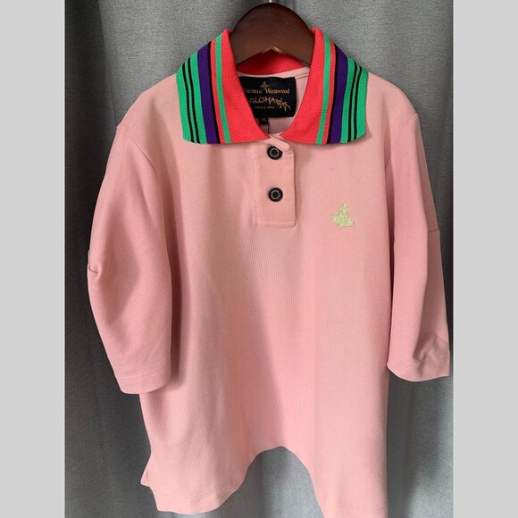 Vivienne Westwood Anglomania Pink Polo Shirt with Multicolor Striped Collar - Picture 1 of 9